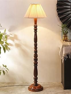 Straight Pleated Off-White Cotton Floor Lamp with Wooden Base – Height 54 Inches | Elegant Standing Lamp for Living Room, Bedroom & Office | Stylish Home Lighting Décor