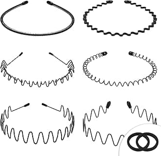 WantGor Metal Headbands, 6 Packs Fashion Unisex Black Hairband Spring Wave Non Slip Sports Headwear Hair Hoop Hair Accessories (8 Pack)