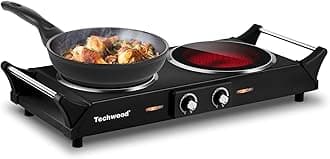 Hot Plate, Techwood 1800W Double Infrared Ceramic Electric Stove for Cooking, Dual Control Cooktop Burners, Portable Anti-scald Handles Suitable for RV/Home/Camp, Compatible for All Cookwares