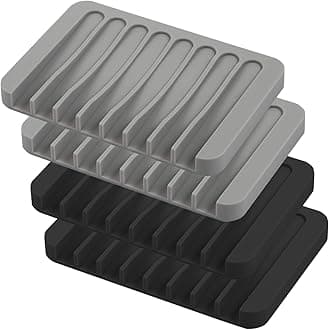 Self Draining Soap Dishes, 4 Pcs Silicone Waterfall Drainer Soap Holder for Bathroom, Extend Soap Life Keep Dry Clean & Easy Cleaning (Black & Grey)