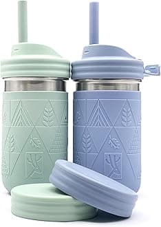 Elk and Friends Stainless Steel Cups |14 oz Mason Jar design | Kids & Toddler Cups with Silicone Sleeves & Straws with Stopper | Smoothie Cups | Dishwasher Safe