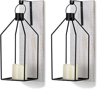 Candle Sconces Wall Decor: Set of 2 Farmhouse Wood Candle Holder Indoor Black Metal Lantern Rustic Decorations for Living Room Front Porch Yard