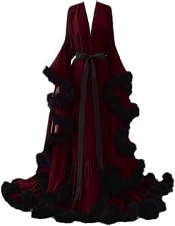 Womens Sexy Feather Bridal Robes Silk Satin Long Nightgown Bathrobe Sleepwear Maternity Robe for Photoshoot