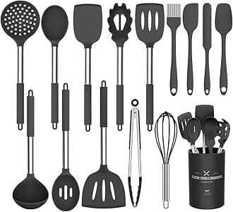 Kitchen Utensils Set 15 Pieces Silicone Heat Resistant Non-Stick BPA Free Stainless Steel Handle Spatula Spoon Tongs Whisk Cookware