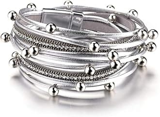 Fesciory Leather Wrap Bracelets for Women, Boho Leopard Multi-Layer Crystal Beads Cuff Bracelet Jewelry