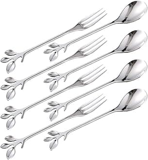 Coffee Spoon Fork 8 Pack(4 Spoons 4 Forks),Silver Leaf Retro Dessert Coffee Small Spoon Cocktail Picks Fruit Fork Flatware,4.7 Inches Stainless Steel Tea Spoon Set (Silver8)