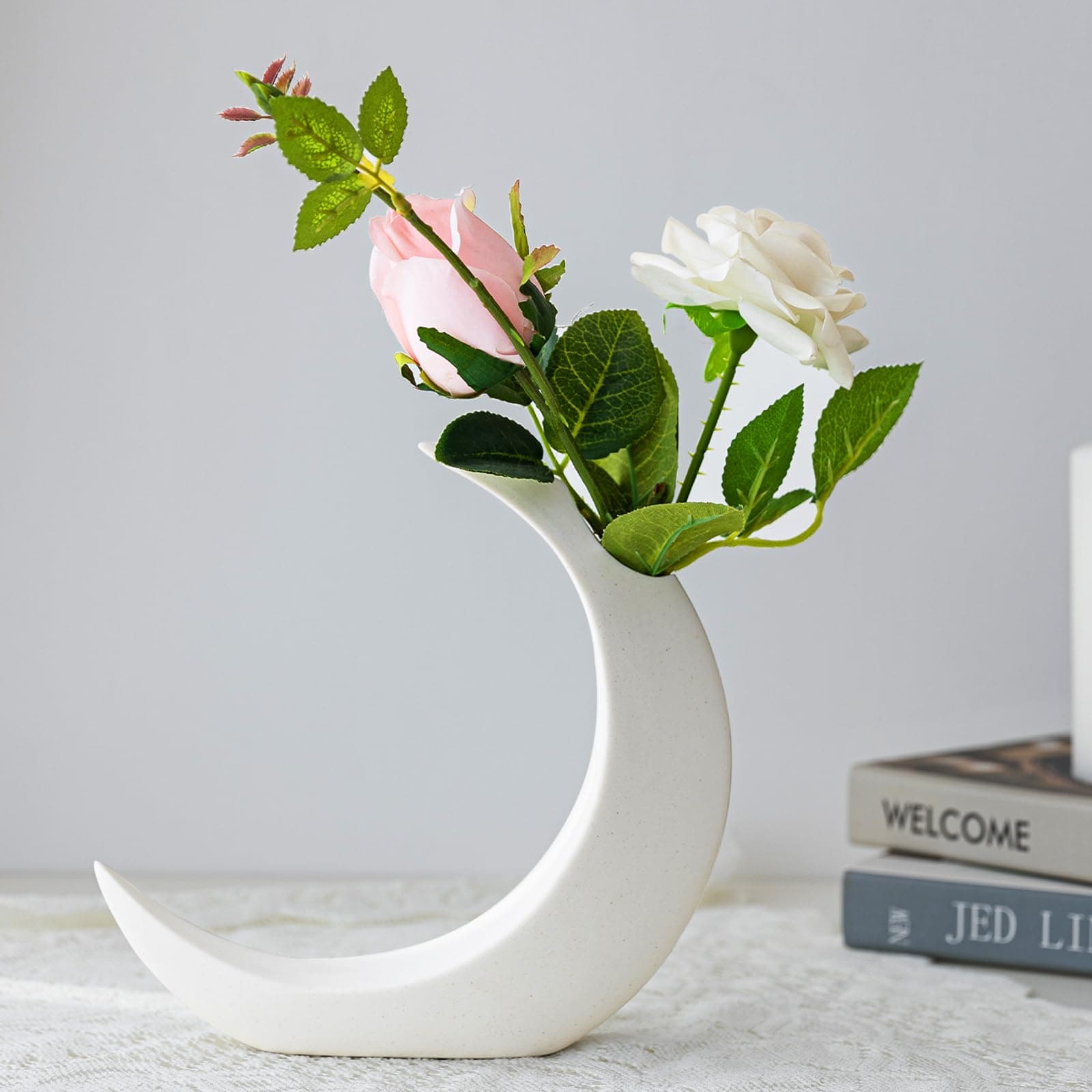 COTYNI White Ceramic Crescent Moon Vase for Home Decor, Modern Minimalist Boho Lunar Vase for Living Room Table Centerpieces