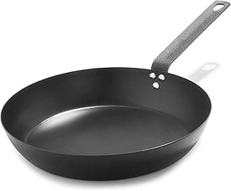 Pre-Seasoned Carbon Steel 12” Frying Pan Skillet, Use on Induction, Stove and Grill, Durable, Even-Heating, for Searing, Grilling, Oven Use, and Campfire, Indoor/Outdoor