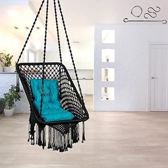 Patiofy Polyester Swing For Balcony/Swing For Adults/Jhoola/Swing Chair For Home/Swing For Indoor Outdoor Premium Rectangular Swing Chair With Blue L Cushion & Free Hanging Kit Included-Black