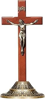 12" Crucifix Wall Cross with Stand – Catholic Wooden Standing and Hanging Jesus Cross with INRI for Home or Prayer Room