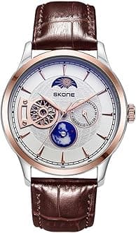 Automatic Mechanical Watches for Men Hollow Flywheel Sun Moon Phase 24-Hour Small Second Hand Globe Display Leather Strap Sapphire Crystal Mirror Luxury Gifts for Men