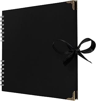 Bstorify 10 x 10 Inches Scrapbook Album 70 Pages Black Thick Kraft Paper Corner Protectors, Ribbon Closure - Ideal for Your Scrapbooking, Art & Craft Projects (Black, 10 x 10 Inch)