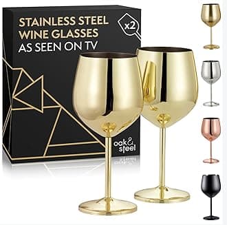 OS Oak & Steel ENGLAND - 2 Gold Stainless Wine Glasses (18 Oz) Unbreakable Metal Wine Glasses, Wine Goblets with Gift Box for House Warming, Valentines, Anniversary