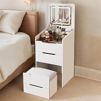 Anwick 3 in 1 Vanity Desk with Flip Top Mirror, Compact Makeup Vanity with Glass Desktop & Cushioned Stool, Small Make Up Vanity Set with 3 Drawers, Dressing Table for Bedroom Apartment (White)