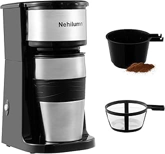 Single serve one cup drip coffee maker 14 oz,with personal travel cup,auto shut off function,Reusable Filter,Black and Silver