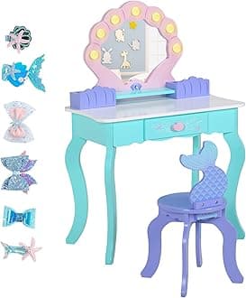 Kids Vanity with Lights, Wooden Princess Vanity for Girls, 2 in 1 Ocean Theme Toddler Dressing Table and Chair Set, Little Girl Makeup Vanity with Mirror for Children Birthday