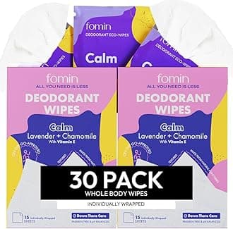 FOMIN Travel Deodorant Wipes - 30 Count - Lavender and Chamomile pH Balanced, Hypoallergenic Mini Deodorant Wipes For Women and Men - Plastic-Free, Individually Wrapped Underarm & Body Wipes