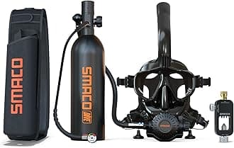 SMACO Mini Scuba Tank with Snorkel Mask 1L Portable Small Diving Tank with Sub Mask Reusable Pony Bottle with Full Face Diving Mask Diving Cylinder Kit for Snorkeling Recreational Diving S400Pro