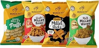 Munch Fit Roasted & Healthy Millet Snacks Combo of 4 Varieties | Tangy Tomato Rings | Cream & Onion Puffs | Peri Peri & Pani Puri | Gluten Free, Low Calorie, High Fibre, Ready to Eat Roasted Snacks