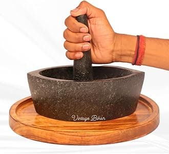 Tamda Stone Mortar and Pestle Set – Boat Shape Khalbatta for Kitchen, Traditional Grinder for Spices, Chutneys, and Herbal Pastes (Length = 12 Inch)