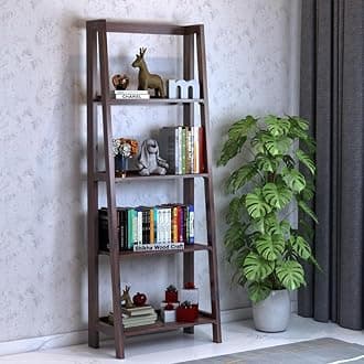 Sheesham Wood 4 Tier Foldable Bookshelf | Multipurpose Wooden Adjustable Display Unit Storage Organizer Stand Furniture for Living Room, Home, Hotel, Office and Lobby (Walnut Finish)