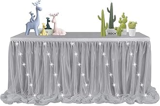 Silver Grey Tulle Table Skirt, 14FT Tutu Table Cloth Skirting with LED Lightfor Rectangle or Round Table Wedding Decorations, Chanel Party, Graduation, Elephant Baby Shower