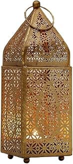 Serene Spaces Living Small Moroccan Gold Ornate Candle Lantern, Antique Gold Lantern, Decorative Candle Lantern Holders for Indian-Inspired Wedding, Eid, Ramadan, Events, 2.75" Dia & 8.5" Tall