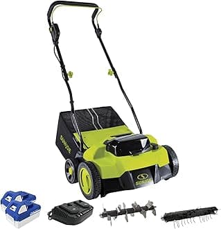 Sun Joe 24V-X2-DTS15 Scarifier and Dethatcher Kit, 5 Depth Positions, 15 Inch, Brushless Motor, with 2 x 24V 4.0Ah Batteries and Dual Port Charger