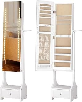 LUXFURNI Mirror Jewelry Cabinet Standing with Lights, Jewelry Armoire Organizer with Mirror, Mirror Full Length with Jewelry Storage, Lock, White