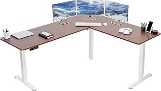 VIVO Corner Standing Desk, 75 x 63 inch Reversible L-Shaped Workstation, Electric Height Adjustment, Home, Office, and Reception Rooms, Dark Walnut Table Top White Frame, DESK-E3CTWD-75