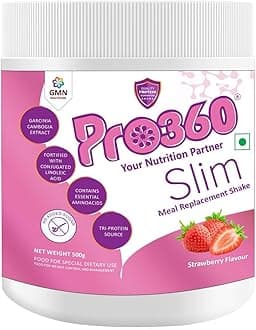 Pro360 Slim Weight Management Meal Replacement Protein Shake (Strawberry Flavour) No Added Sugar, Dietary Supplement For Men & Women, 500Gm