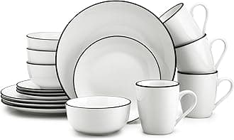 Zulay KitchenIcon Porcelain Dinnerware Set, Service For 4 - Chip & Scratch Resistant White Plates And Bowls Sets - Microwave & Dishwasher Safe - White With Black Rim