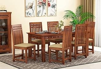 Solid Sheesham Wood Rectangle Dining Table 6 Seater | Six Seater Dinning Table with 6 Cushioned Chairs for Home | Honey Finish
