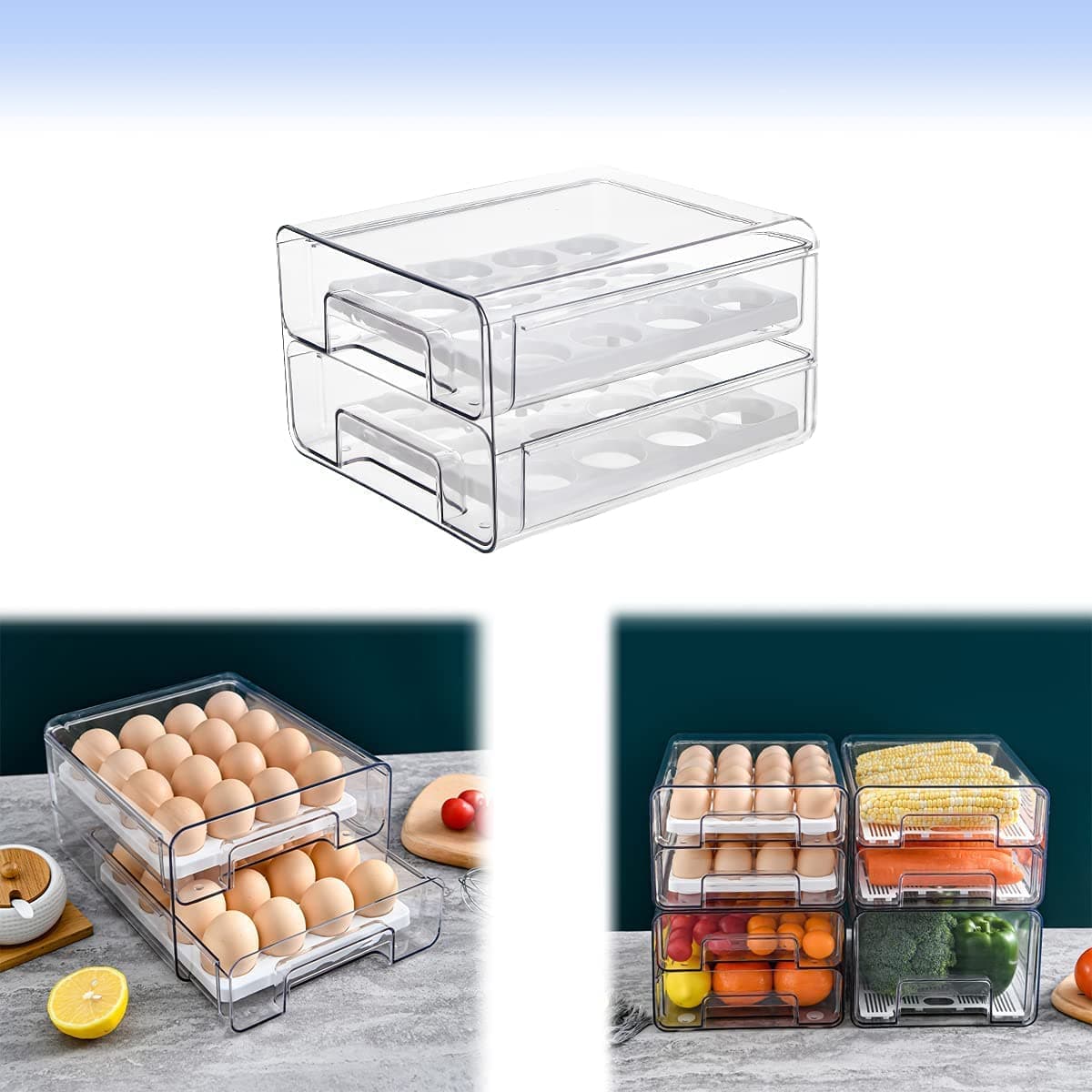 Mofish Fridge Drawer Organizer, Refrigerator Organizer Bins, Pull Out with Handle, Fridge Shelf Holder Storage Box, Clear Container for Food Drinks Eggs Fruit (Two tiers with Eggs Holder)