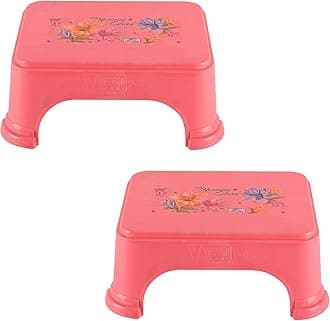 Kuber Industries Pack of 2 Bath Stool for Bathroom | Plastic Stools for Sitting | Bathroom Stool for Bathing | Flower Print Square Stool | Pink
