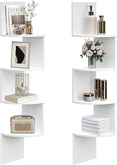 HOOBRO Corner Shelf, Wall Shelf, Set of 2 Floating Corner Shelves for Wall, 4-Tier Corner Bookshelves for Living Room, Bedroom, Bathroom, Home Office, White EWT25BJP201