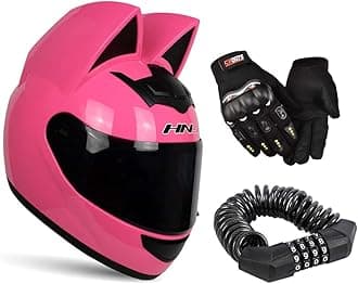 Personality Cat Ear Full Face Motorcycle Street Helmets Men Women Cat Helmet with Ears, with Gloves & Password Lock,Pink,M