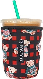 Reusable Neoprene Insulator Sleeve for Iced Coffee & Cold Soda, Coffee Sleeves for Iced & Hot Drinks, Cold Beverage Cooler Compatible with Starbucks, Dunkin (Plaid Bear, Small: 16-18oz)