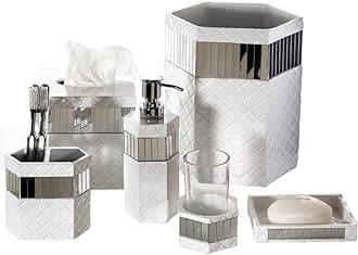 Creative Scents White Bathroom Accessories Set - Decorative 6 Piece Bathroom Set Includes: Trash Can, Tissue Box Cover, Soap Dispenser, Toothbrush Holder, Tumbler & Soap Dish (Quilted Mirror)