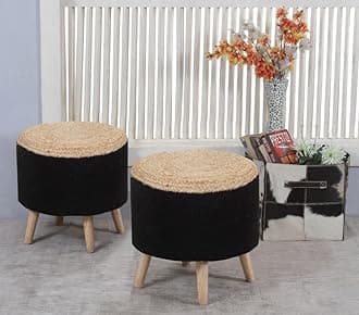 ShadowKart Jute Pouffes Sitting Stool for Living Room Puffy Wooden Ottoman Stools Cotton Knitted Poufe Furniture Footrest Pouf Footstool for Office Home Decor, 42x42x43Cm, Combo Half Black Dori