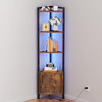 Furnulem Corner Shelf,5-Tier Corner Cabinet with Storage and LED Light, 62.8” Standing Display Bookshelf for Bedroom, Living Room, Kitchen, Wood Display Shelf (Rustic Brown)