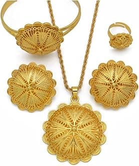 Ethiopian Jewelry for Women Set - Ethiopian Traditional Jewelry - Eritrea Gold Jewelry - Ethiopia Jewelry Sets Pendant Necklaces Earrings Ring Bangles for Womens Gold Color Eritrean African Gifts