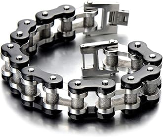 COOLSTEELANDBEYOND Masculine Mens Bike Chain Bracelet of Stainless Steel Silver Black Two-Tone Polished Satin
