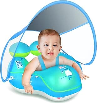 Upgraded No Flip Over Baby Pool Float, Baby Float with Canopy UPF50+, Inflatable with Double Air Chambers,Five Safety Protection Anti-flip Safe, Baby Swimming Float with 2 Tail for 6-36 Months(Blue L)