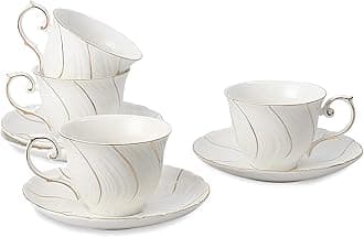 tea cups and saucers ceramic coffee mug 6oz for Coffee, Latte, Cafe Mocha and Tea-Set of 4, White