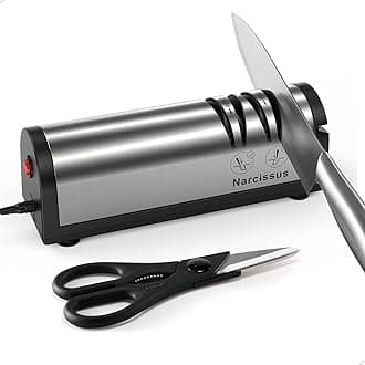 Narcissus Knife Sharpener, Professional 2 Stage Electric Knife Sharpener for Quick Sharpening & Polishing, with Scissors Sharpener and Metal Dust Collection Box, Stainless Steel, Silver