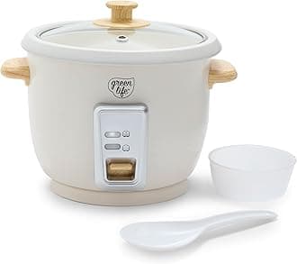 6-Cup Rice Cooker Steamer, PFAS Free Removable Ceramic Nonstick Pot, Auto Presets, Wood Print Handle, Keep Warm Function, One Touch Design, Dishwasher Safe, Measuring Cup, Rice Paddle, Cream