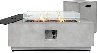 3 Pieces 42-Inch Outdoor Propane Fire Pit Table w/Tank Cover&Wind Guard - 50,000 BTU, CSA-Certified Concrete Rectangle Firepits, Steel Lid, Lava Rocks & Rain Cover Included