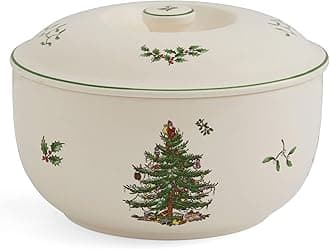 Christmas Tree 1 Quart Round Casserole Dish with Lid - Stoneware Baking Dish for Holiday Desserts - Oven to Table Bakeware & Dishwasher Safe - Festive Holiday Serveware for Christmas Table