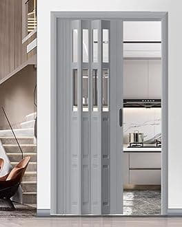 Concertina Door PVC & Acrylic Internal Foldable Gate - Custom Size, Accordion Door for Cupboard/Kitchen, Hallway Pantry Doorway Sliding Door with Handle(Gray,62x80in(161x203cm))